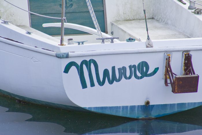 boat named Murre in a handwritten big font