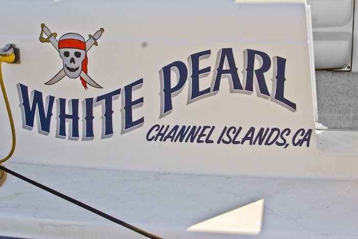 boat named White Pearl with graphic of a skull and cross bones